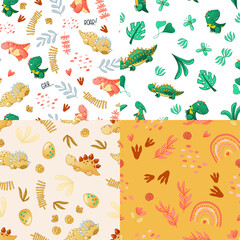 Seamless cute dinosaur pattern. Colorful dino background for kids. Childish vector design for textile and packaging, nursery wallpaper