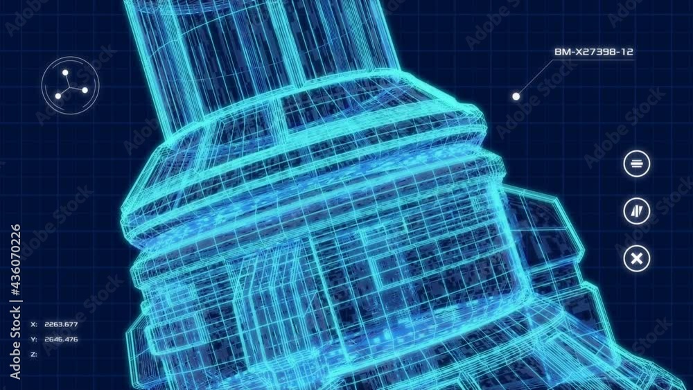 Poster futuristic software interface for mechanical design wit a mechanical piece in wireframe (3d render)
