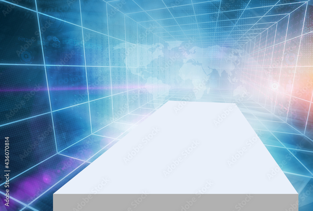 Poster futuristic high-tech digital 3d enclosed studio backdrop with an empty white counter stage