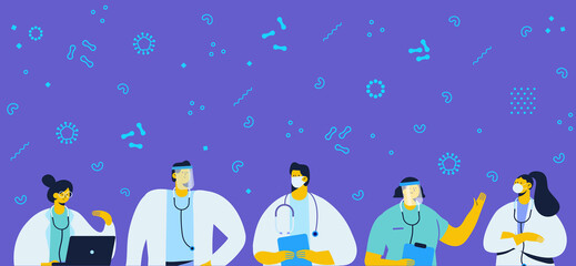 Coronavirus. Doctors team wearing Face Mask Fight Against Covid-19, Coronavirus Disease, Health Care and Safety flat vector isolated characters set