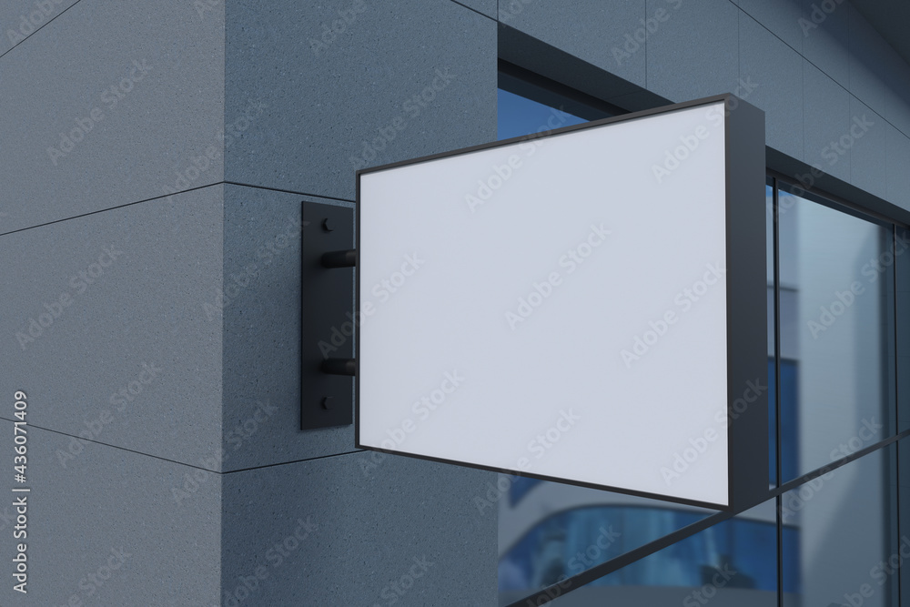 Poster closeup view of a blank rectangular shaped billboard with a white space attached to the wall