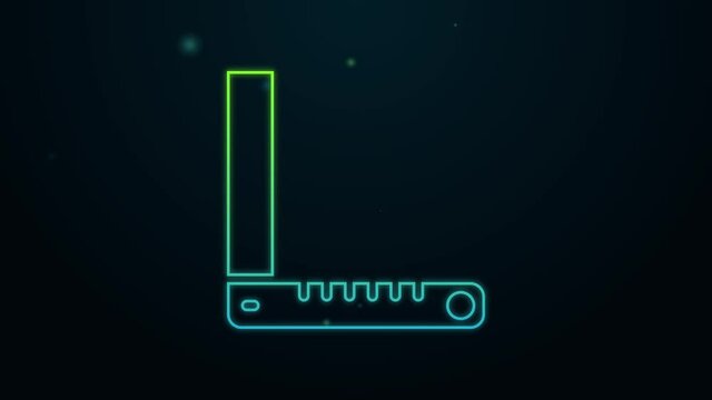 Glowing neon line Corner ruler icon isolated on black background. Setsquare, angle ruler, carpentry, measuring utensil, scale. 4K Video motion graphic animation