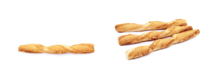 Spiral bread sticks with cheese on a white background
