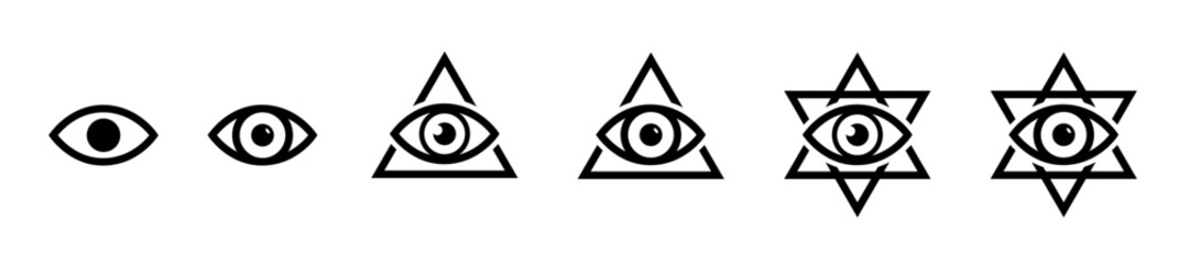 All seeing eye icon, illumination symbols, masonic sign, conspiracy of elites, the Jewish star sign of David