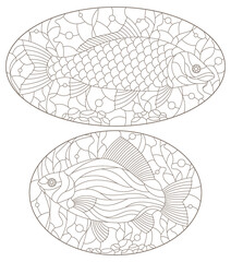 A set of contour illustrations in the stained glass style with carp fishes on a background of algae, dark contours on a white background, oval images