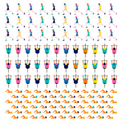 Colorful poster with cyclists riding bicycles. Cycling poses in bright silhouettes. Bicycle road racers. Competition and marathon. Adventure and travel outdoor on bicycle. Bike courier, vector