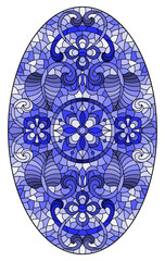 Illustration in stained glass style, round mirror image with floral ornaments and swirls,tone blue, oval image
