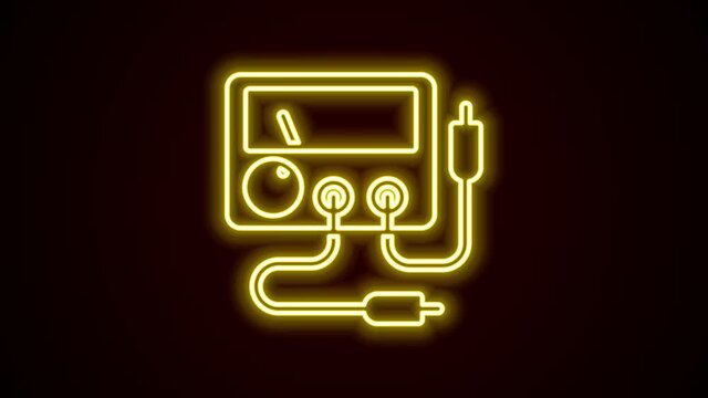 Glowing neon line Ampere meter, multimeter, voltmeter icon isolated on black background. Instruments for measurement of electric current. 4K Video motion graphic animation