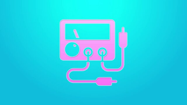 Pink line Ampere meter, multimeter, voltmeter icon isolated on blue background. Instruments for measurement of electric current. 4K Video motion graphic animation
