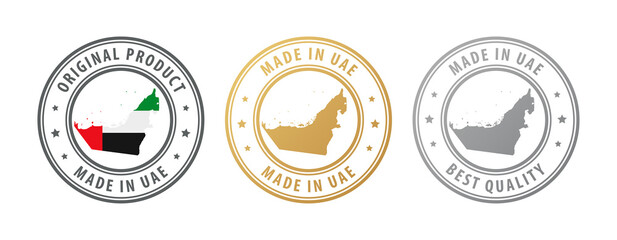 Made in United Arab Emirates - set of stamps with map and flag. Best quality. Original product.