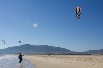 Kitesurf on the sea. Tarifa.