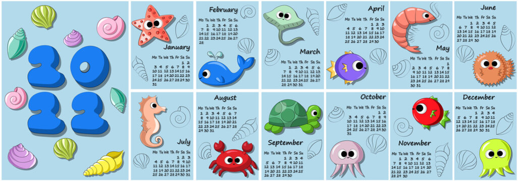 Calendar for 2022 with cartoon cute underwater animals