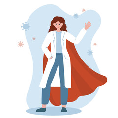 Doctor superhero is wearing a superhero's cloak. Flat vector illustration with brave happy woman medical worker isolated on white background.  