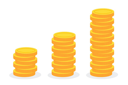 Growing stack of golden coins. Creative financial concept of investment growth, profit, or interest. Pile of money. Simple trendy cute cartoon vector illustration. Flat style graphic design icon.
