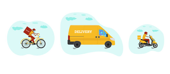 Online order and food express delivery concept. Courier by truck, scooter, and bicycle. Delivery service concept. Flat design. Yellow and blue colors. Stock vector illustration on isolated background.