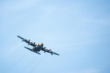 Fototapeta na wymiar Avión de combate volando en cielo claro.