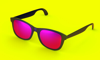 Black plastic sunglasses with purple lenses on color background