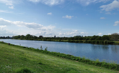 Bremen-Neustadt, Germany - May 16 2021: Lake Werdersee in sunny spring weather. Sights in...