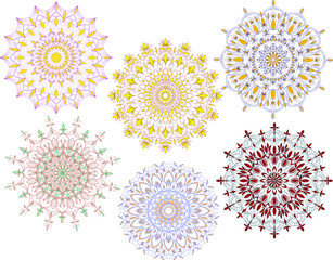 Group of six colorful mandalas. Design for tattoo, coloring book packaging design, and all-over prints