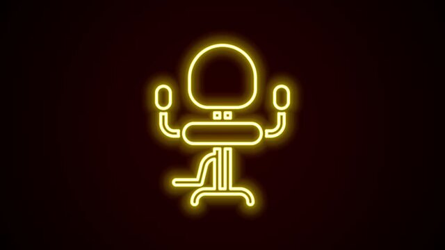 Glowing neon line Barbershop chair icon isolated on black background. Barber armchair sign. 4K Video motion graphic animation