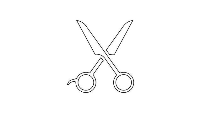 Black line Scissors hairdresser icon isolated on white background. Hairdresser, fashion salon and barber sign. Barbershop symbol. 4K Video motion graphic animation