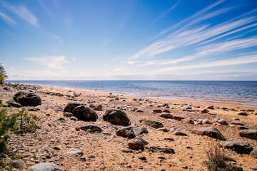  amazing and beatiful sandy beach with small and large stones 