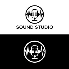 Logo Mic Microphone and Music. Podcast. Vector flat illustration, Headphone, logo, symbol, icon, graphic, Radio.