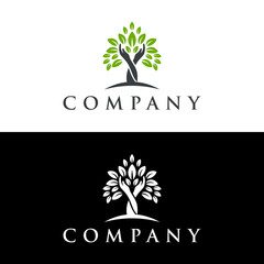 Human hands and tree with green leaves. Logo, symbol, icon, illustration, vector, template, design