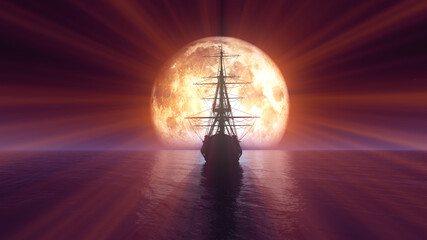 old ship in sea full moon illustration © aleksandar nakovski