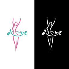 Body weight loss concept. Feminine silhouettes. Weight loss logo vector for woman healthy diet programs. Icon for body care and food care, training slim waist and loins, fit & wellness illustration. 