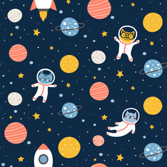 Cute space cats seamless pattern - childish repeat print design with stars, planets, rockets and cat astronauts on navy background