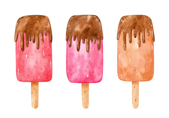 Watercolor set of ice cream with chocolate icing on sticks. Strawberry and caramel ice pops isolated on white background. Hand-drawn clipart illustration. Perfect for cards, menu, prints, decorations.