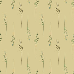 Obraz premium Watercolor seamless pattern with wild field herbs, wild grasses on a beige background. Botanical illustration for fabrics, posters, aromatherapy, clothing