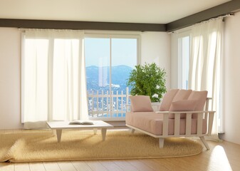 Interior with panoramic windows ans cozy couch. Carpet on the parquet floor. 3D rendering.