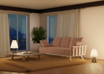 Night interior with sofa and panoramic windows. Coffe table with lamp. 3D rendering.