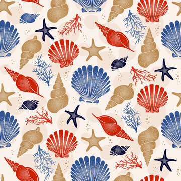 Seashell seamless pattern - marine repeat vector design with retro style shell illustrations