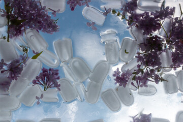 background with pieces of ice and lilac flowers against a blue sky