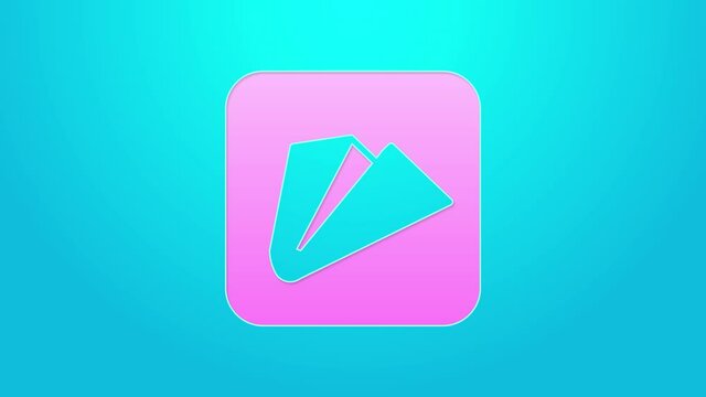 Pink line Paper airplane icon isolated on blue background. 4K Video motion graphic animation