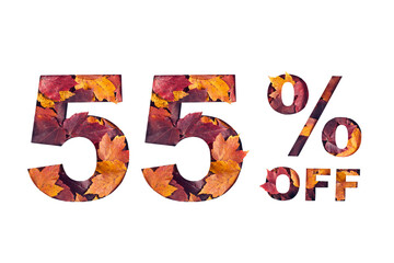 Paper cut 55 percent off text filled with texture of yellow and red autumn fall maple leaves...