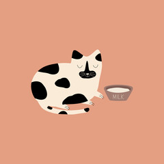 Cute sleeping spotted cat and bowl of milk. Funny animals vector illustration. 