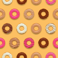 Set of colorful tasty donuts, seamless pattern background, vector illustration