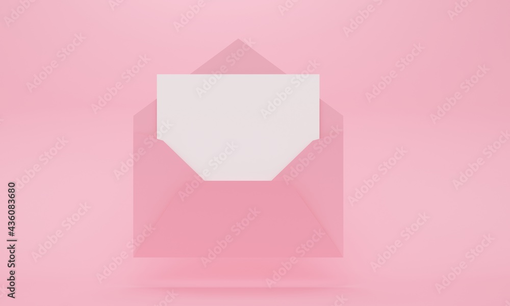 Aufkleber mock up open envelope with white paper on pink background. 3d rendering