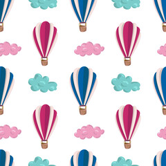 Seamless pattern with pink and blue air balloons and clouds. Hand drawn vector illustration. Seamless pattern for wallpapers, kids textile, cards, stationery, wrapping.