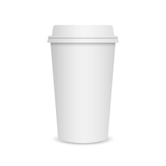 Coffee cup mockup. Paper mug template on white background. Coffee to go. Realistic paper cup with plastic lid close up. Takeaway drink isolated. Vector illustration
