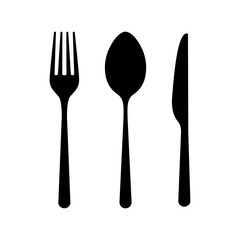 Fork spoon knife icons on white background. Tableware set in flat style. Cutlery for cafe or restaurant. Silverware collection isolated. Kitchen objects clean design. Vector illustration