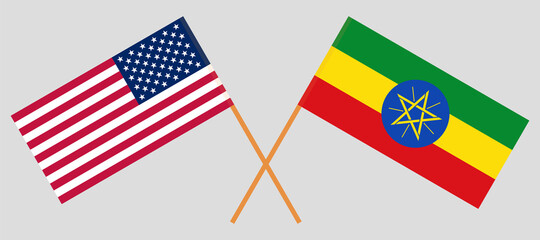 Crossed flags of the USA and Ethiopia. Official colors. Correct proportion
