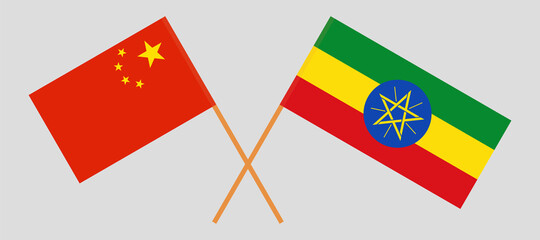 Crossed flags of China and Ethiopia. Official colors. Correct proportion