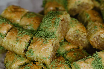 Traditional Middle Eastern Flavors. The local name of Baklava is Fıstıklı Baklava. Close up.