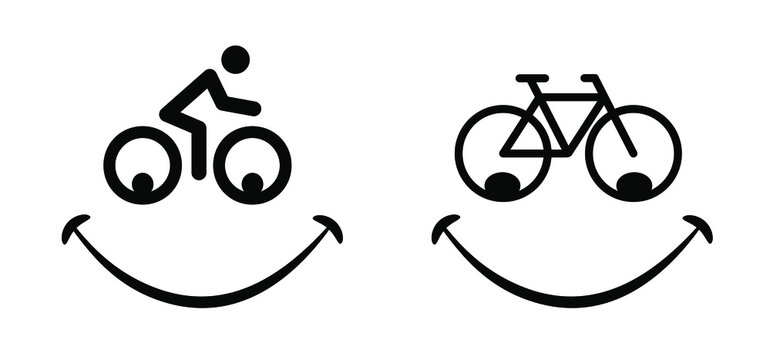 Caotoon silhouette, happy smile face. World Bicycle day, health day race tour Sport icon Cyclist, cycling Flat vector bike pictogram. 