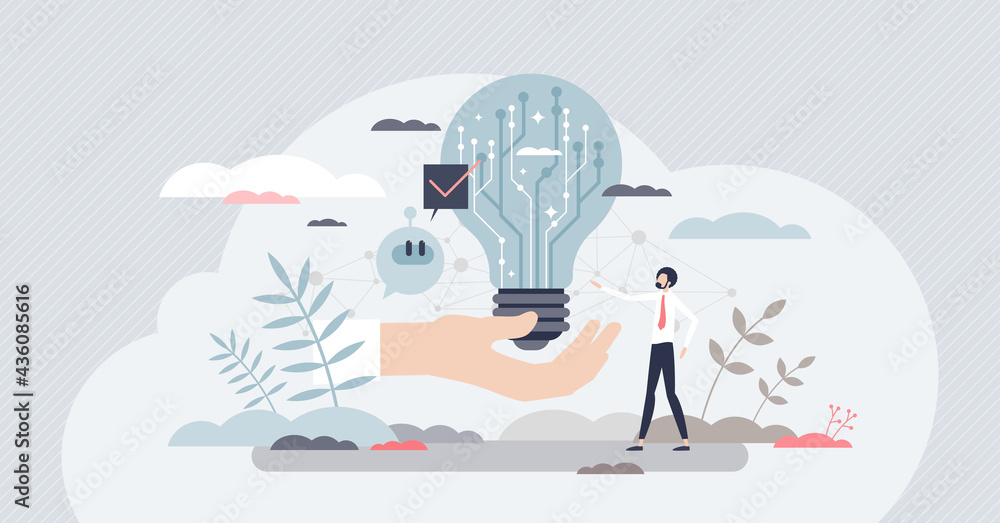 Poster digital innovation and new technological invention idea tiny person concept. creative tech startup b
